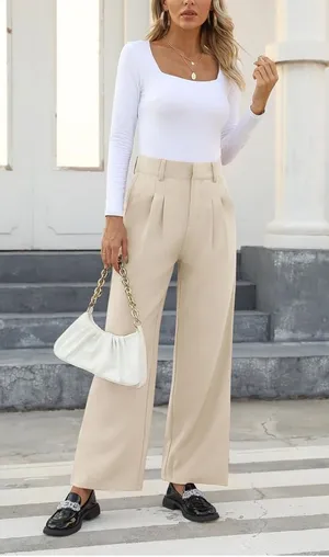 NWOT Small Cream Wide Leg Pleated Trousers Elastic Back High Rise Career Pants thumbnail 1