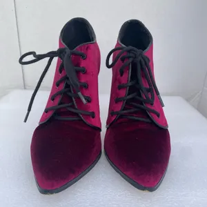 Velvet Lace-Up High Heel Booties in Burgundy thumbnail 2