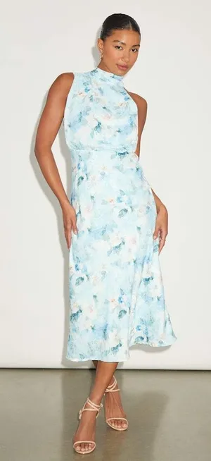NWT Lulus Distinctive Charm Blue Floral Satin Asymmetrical Midi Dress Party XS thumbnail 1