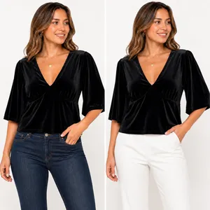 Knox Rose XL Black Velour V-Neck Flutter Sleeve‎ Empire Waist Top Blouse thumbnail 2