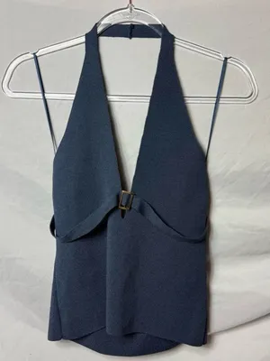Silence + Noise Navy Halter Knit Y2K Top with Center Buckle thumbnail 2