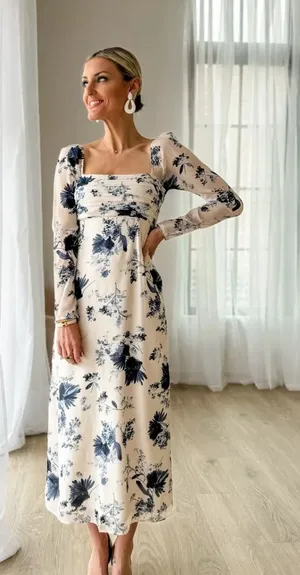 Abercrombie & Fitch NWT Ivory & Blue Emerson Chiffon Long-Sleeve Midi Dress XS thumbnail 1