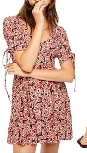 Free People Laced Up Corset Mid Sleeve Floral Mini Dress‎ in Black Combo Size XS thumbnail 1