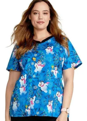 Cherokee Tooniforms V-Neck Frosty The SnowMan Christmas scrub top thumbnail 1