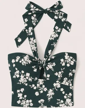 Abercrombie & Fitch Forest Green Floral Knot Front Tie Back Halter Crop Top XL‎ thumbnail 1