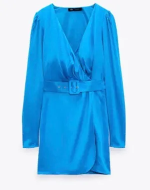 ZARA New with tags Blue Satin Effects Belted dress. thumbnail 4