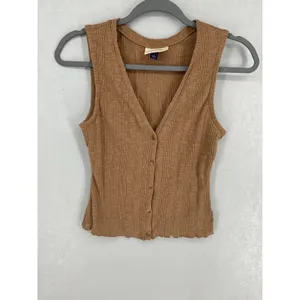 Universal Threads Womens Tank Top Brown Ribbed Button Front Lettuce Hem Size S thumbnail 2