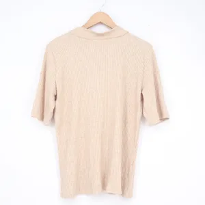 Calvin Klein Womens Ribbed Mock Neck Elbow Sleeve Top Oatmeal Beige L thumbnail 5