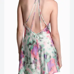 In Bloom Watercolor Floral Lace-Trim Chemise in Pink & Green thumbnail 2