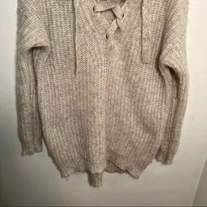 Aerie Womens Size Small Oversized Lace-Up Pullover Sweater Tunic Oatmeal Heather thumbnail 5