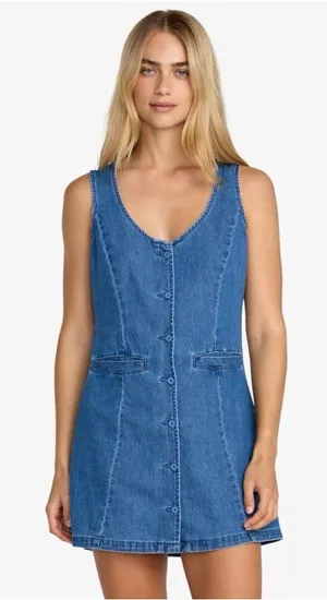 RVCA Lainey Mini Denim Dress NWT Fitted Waist Size L thumbnail 1