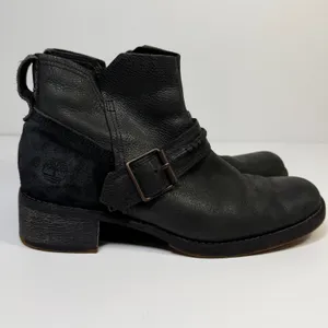 Timberland Womens Black Leather Suede Moto Ankle Boots Buckle Side Zip Biker 7.5 thumbnail 4