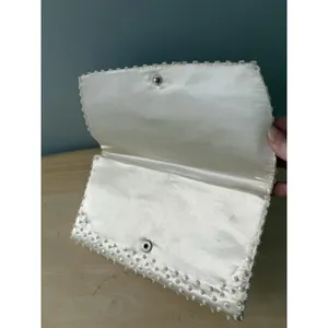 Vtg White Satin Beaded Evening Clutch Purse Handmade Hong Kong Wedding Prom Gala thumbnail 5
