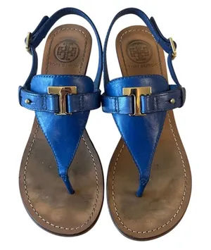 Tory Burch Casey Wedge Sandals Blue Nile Gold Logo‎ Thong 8 thumbnail 1