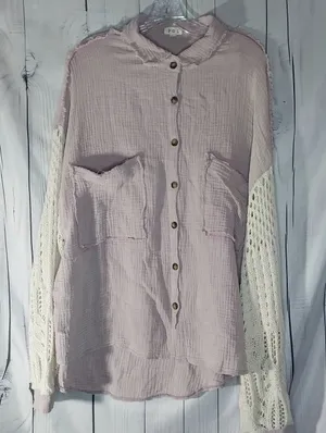 POL Mauve Button-Front Boho Slouchy Festival Top With Crochet Sleeves thumbnail 1