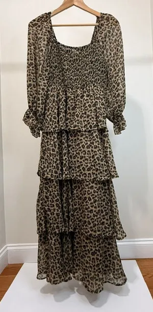 Entro Leopard Print Smocked Tiered Midi Dress SzL thumbnail 1