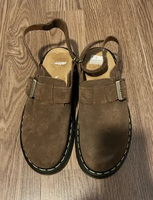 Dr. Martens brown suede clogs with ankle strap thumbnail 1