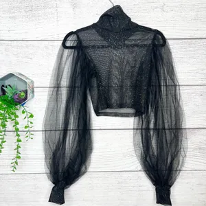 Sheer Black Sparkle Mesh Long Tulle Sleeve Crop Top Size Small thumbnail 8