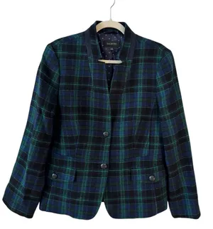 Talbots Wool Blend Green Blue Plaid Blazer Size 12 Crest Buttons Holiday thumbnail 1
