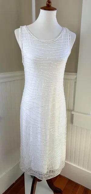 Escada White Beaded Mesh Overlay Sheath Midi Dress Sleeveless Size M thumbnail 1