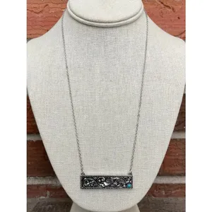 Filigree Bar Necklace with Turquoise Accented Flower - Silver thumbnail 2