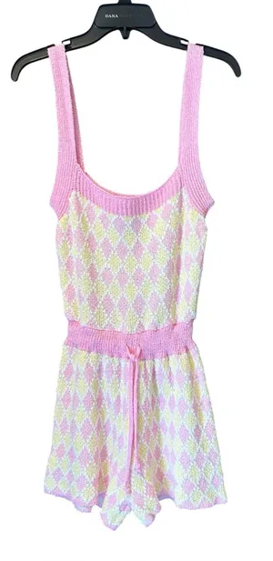 NWT Intimately Free People Dream Diamonds Romper Pink Yellow Argyle Knit Small S thumbnail 1