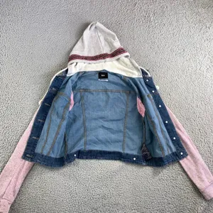 BDG Urban Outfitters Denim‎ Jacket Women Medium Hooded Mixed Media Pink Sleeves thumbnail 9