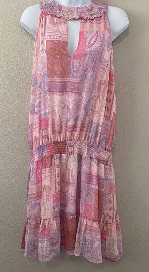 NWT Fate‎ Pink Patchwork Dress Large Boho Chic Paisley Drop Waist Garden Summer thumbnail 1