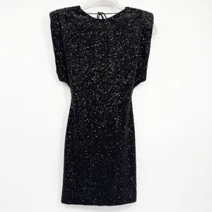 Zara Womens Black Sequin Padded Shoulder Open‎ Back Glam Cocktail Mini Dress XS thumbnail 3
