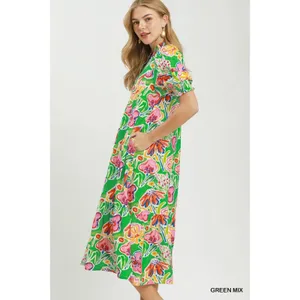 Umgee Floral Print Puff Sleeve Tiered Midi Dress -‎ Green Mix - Large thumbnail 3