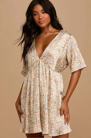 Lulus Express Yourself Yellow Floral Print Satin Babydoll Mini Dress Size XL NWT thumbnail 1