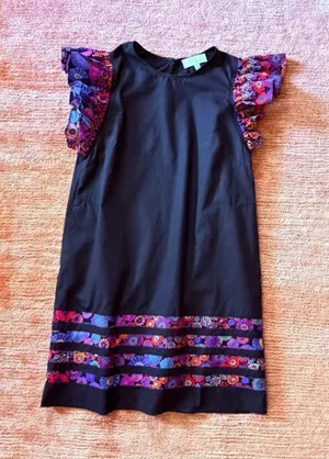 Pinch Black Cotton Shift Dress S Floral Flutter Sleeves Pockets thumbnail 1