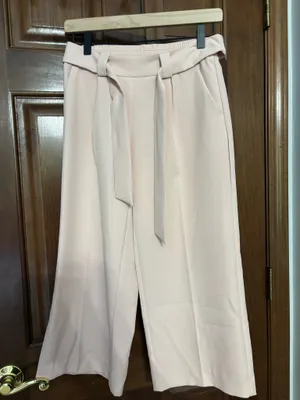 Blush Pink High Waisted Cropped Wide Leg Tie Waist Pants thumbnail 1