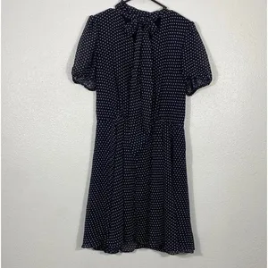 Betsey Johnson Navy Polka Dot Chiffon Puff Sleeve Tie Neck Knee Dress Size 10 thumbnail 3