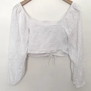 Japna Eyelet Crop Top Sz M White Long Puff Sleeve Cinched Front Boho Cottagecore thumbnail 2