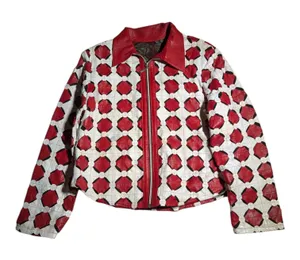 Vtg Y2K Red White Laser Cut Leather Lined Full Zip Streetwear Jacket Sz L thumbnail 1