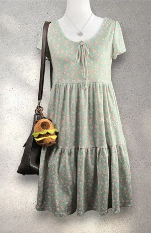 See You Monday Floral Tiered Dress Women's M Green Cottage Bloomcore Coquette thumbnail 1