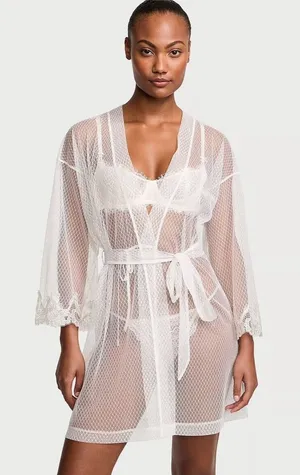 VICTORIA'S SECRET Sheer Boho Floral Embroidery‎ Short Robe White Size M/L thumbnail 1