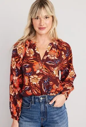 Old Navy Split Neck floral Poet Blouse red orange‎ size medium thumbnail 1