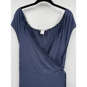 COTE FEMME Navy Blue Wrap Midi Dress Sz 14/16 V-Neck Sheer Trim Preppy Feminine thumbnail 3