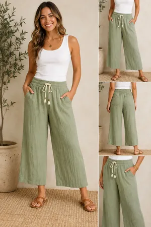 Old Navy XL Green Crinkle Gauze Wide Leg Crop Pants 100% Cotton Lagenlook Goblin thumbnail 2