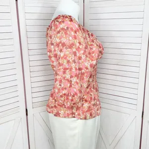 Nanette Lepore Cottagecore Floral Smocked Peplum‎ Puff Sleeve Blouse Pink Large thumbnail 3