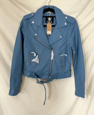 NWT Lock & Love Blue Faux Leather 1984 Motorcycle Belted Cropped Jacket S thumbnail 1