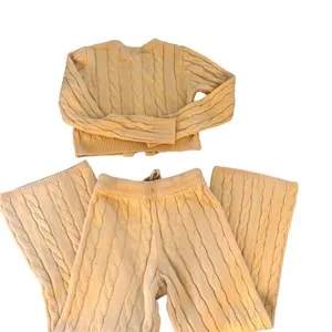 Cropped Ribbed Sweater Set Cardigan Flare Pant Sz M thumbnail 2