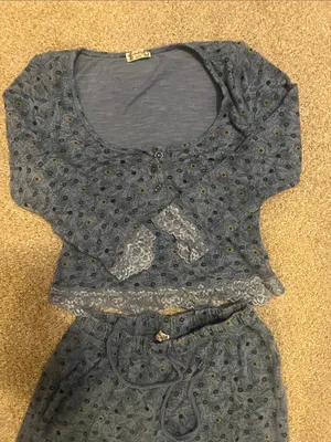 Free People Blue Lace-Trim Long Sleeve Pajama Set thumbnail 3