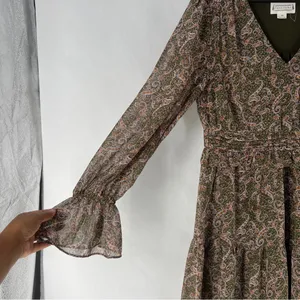 Love Riche Chiffon Olive Paisley Ruffle Long Sleeve Peasant Tiered Maxi‎ Dress M thumbnail 6
