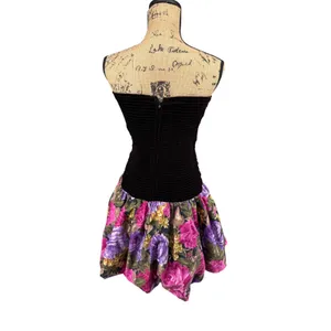 Vtg Strapless Mini Dress 8 Black Floral 80s‎ Velvet Bubble Skirt Prom Homecoming thumbnail 3