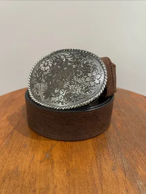 Nocona Western Brown Leather Belt With Silver Floral Buckle thumbnail 2