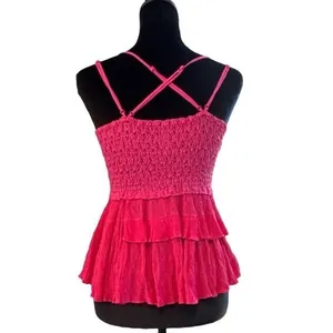 Zenana Hot Pink Lace Ruffle Peplum Cami Top Smocked Back Large Festival Rave Clubwear L thumbnail 4