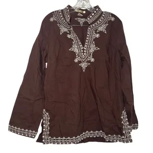 E.col.o.gie Brown Linen Cotton Embroidered Tunic Top Women Large Split Neck L thumbnail 1